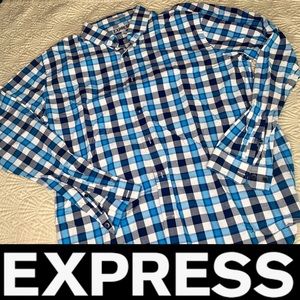 MENS EXPRESS FITTED BUTTON DOWN PLAID DRESS SHIRT
